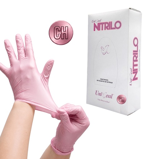 [094A-6MPI] Guante Nitrilo No estéril Metálico UNISEAL Para examen Libre de Polvo Texturizado color Rosa Talla Chico, Caja con 100 guantes.