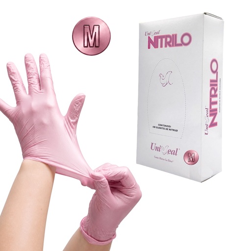 [094A-7MPI] Guante Nitrilo No estéril Metálico UNISEAL Para examen Libre de Polvo Texturizado color Rosa Talla Mediano, Caja con 100 guantes.