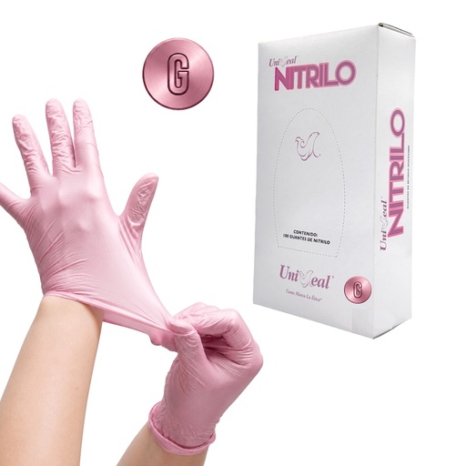 [094A-8MPI] Guante Nitrilo No estéril Metálico UNISEAL Para examen Libre de Polvo Texturizado color Rosa Talla Grande, Caja con 100 guantes.