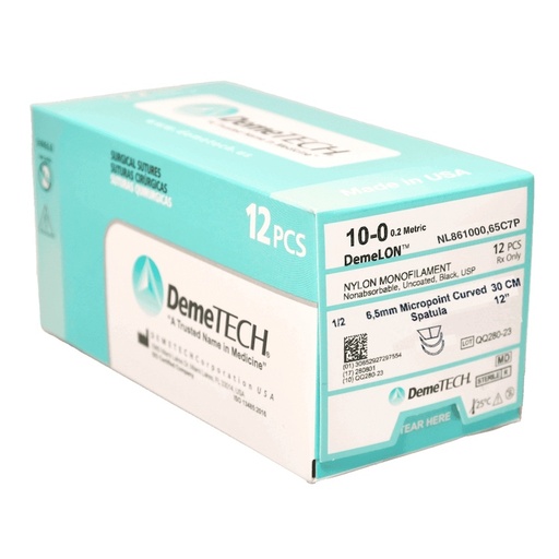 [1220690] Sutura Nylon 10-0 Aguja espatulada 1/2 de 6.5 mm Doble Armada Hebra 30 cms. Caja con 12 piezas.