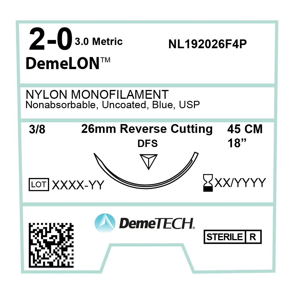 [060.841.0486 (1220842)] Sutura Nylon 2-0 aguja Reverso Cortante 26 mm 3/8 circulo hebra de 45 cm color Negro. Caja con 12 piezas.  