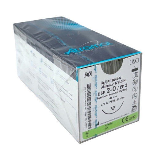 [G-CE2442-N (060.841.0486)] Sutura Nylon 2-0 aguja Reverso Cortante 24 mm 3/8 circulo hebra de 45 cm color Negro. Caja con 12 piezas.  ATRAMAT