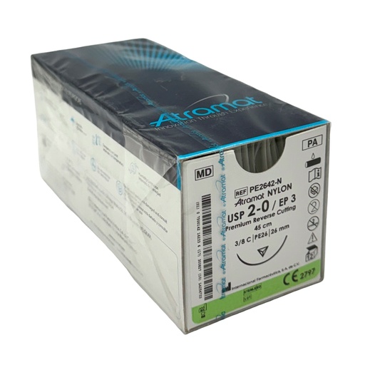 [G-CE2442-N (060.841.0486)] Sutura Nylon 2-0 aguja Reverso Cortante 24 mm 3/8 circulo hebra de 45 cm color Negro. Caja con 12 piezas.  ATRAMAT