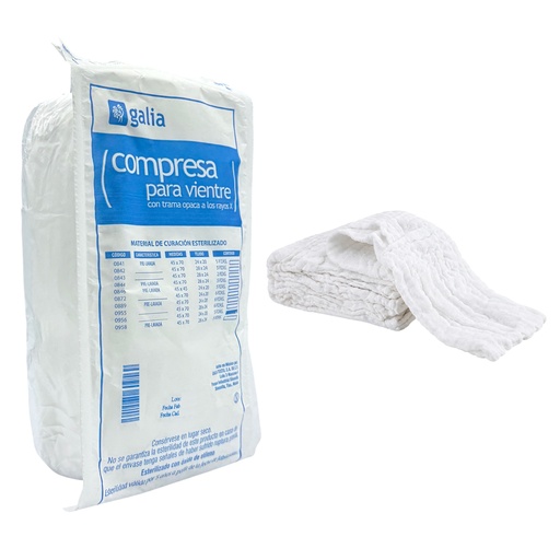 [GT00099] Compresa estéril para vientre de algodón con trama opaca a los rayos X, de 45cmX70cm, tejido plano 24X20, tipo IV. 5 Piezas.