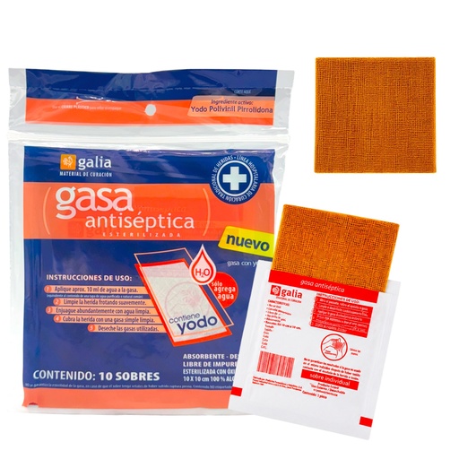 [GT02994] Gasa con Iodopovidona, esterilizada 10cm x 10cm. Antiséptica. Bolsa con 10 sobres GALIA