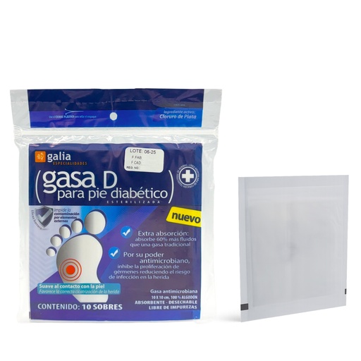 [GT03963] Gasa D para pie diabético esterilizada 10 x 10 cm. Bolsa con 10 sobres GALIA
