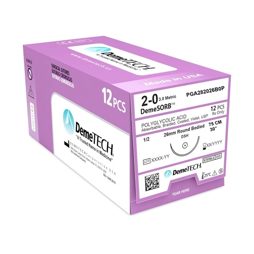 [060.841.0866 (1222650)] Sutura Acido Poliglicolico 2-0 aguja Ahusada 26 mm 1/2 circulo hebra de 75 cm color Violeta. Caja con 12 (VICRYL) 