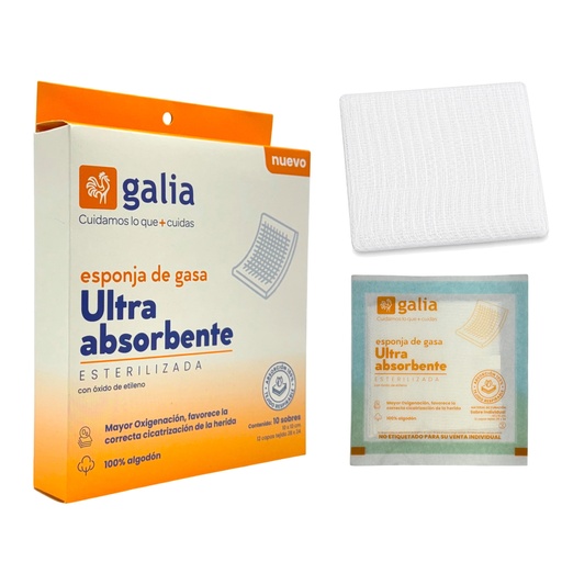 [GT03852] Esponja de gasa ultra absorbente esterilizada, 10 X 10 cm, 12 capas tejido 28 X 24. Caja con 10 sobres