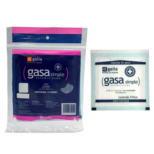 [GT01495] Gasa simple esterilizada 10cmX10cm, Tipo VII, 8 Capas, Tejido Plano 20X12. Bolsa con 10 sobres.