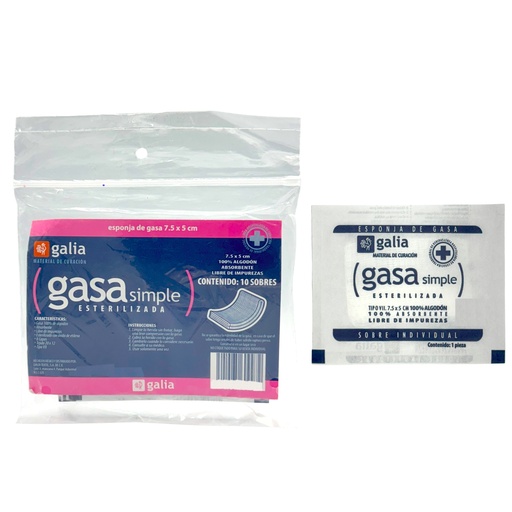 [GT03263] Gasa simple esterilizada 7.5cmX5cm, Tipo VII, 8 Capas, Tejido Plano 20X12. Bolsa con 10 sobres.