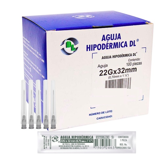 [060.040.3786 (AGH22X32)] Aguja Hipodérmica DL calibre 22Gx32mm. Negra Envase con 100 piezas.