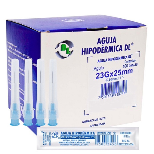 [AGH23X25] Aguja Hipodérmica DL calibre 23Gx25mm. Azul Envase con 100 piezas.