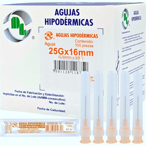 [060.040.3760 (AGH25X16)] Aguja Hipodérmica DL calibre 25Gx16mm. Naranja Envase con 100 piezas.