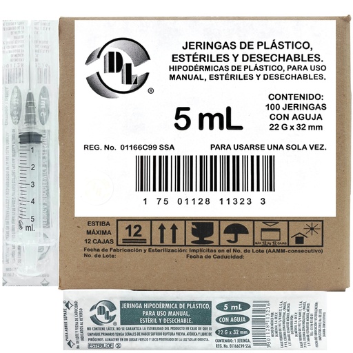 [J052232P] Jeringa de plástico 5 ml con aguja 22G × 32mm Caja con 100 piezas