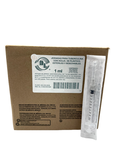 [060.550.0636] Jeringa de plástico de 1 ml con aguja 27G × 13mm para aplicación de tuberculina. Caja con 200 piezas