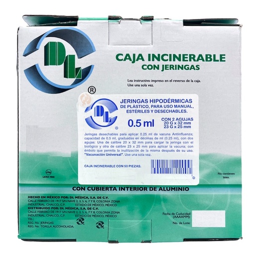 [060.550.2707] Jeringa desechable para aplicar 0.5 ml. de vacuna anti-influenza. Caja incinerable con 50 piezas. Caja con 50 Piezas.