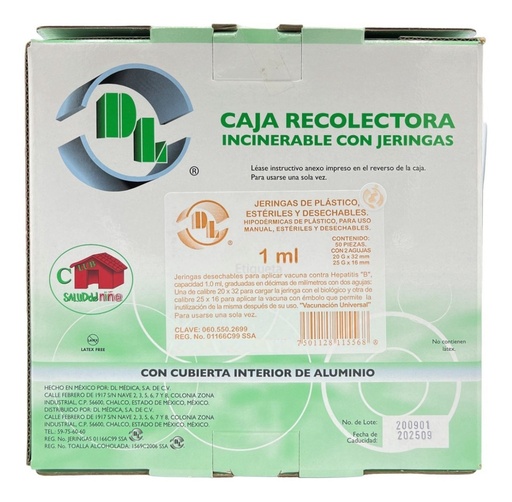 [060.550.2699] Jeringa para vacuna Hepatitis "B" 1.0 ml con dos agujas  Caja con 50 Piezas.