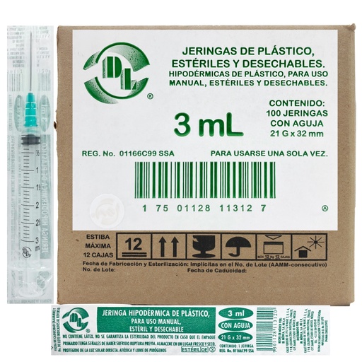 [J032132P] Jeringas de plástico 3 ml con aguja calibre 21 G x 32mm. Caja con 100 piezas.