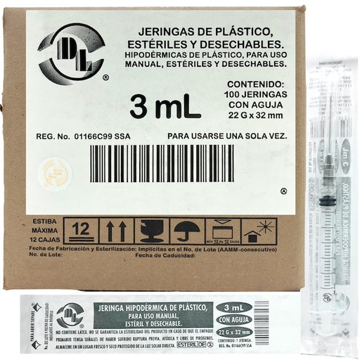 [J032232P] Jeringas de plástico 3 ml con aguja calibre 22 G x 32mm. Caja con 100 piezas.