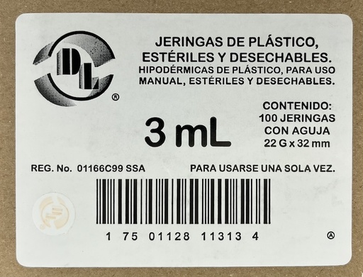 [J032232P] Jeringas de plástico 3 ml con aguja calibre 22 G x 32mm. Caja con 100 piezas.