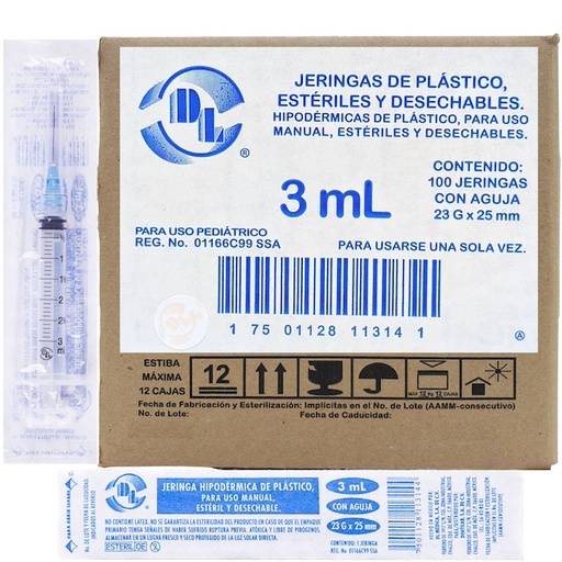 [J032325P] Jeringas de plástico 3 ml con aguja calibre 23 G x 25mm. Caja con 100 piezas.
