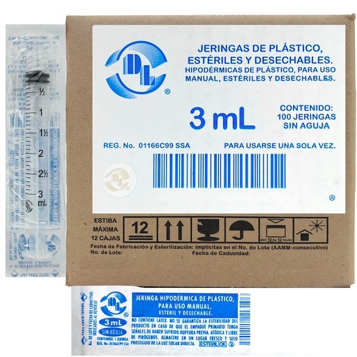 [060.550.0222 (J03P)] Jeringas de plástico 3 ml sin aguja. Caja con 100 piezas.