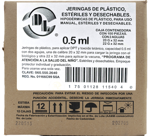 [060.550.2640] Jeringas de plástico para aplicar DPT 0.5 ml con dos agujas. Caja con 100 piezas