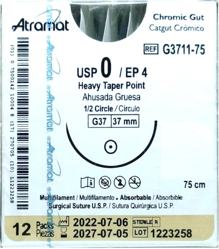 [060.841.2623] Sutura Catgut crómico 0 con aguja. Envase con 12 piezas.