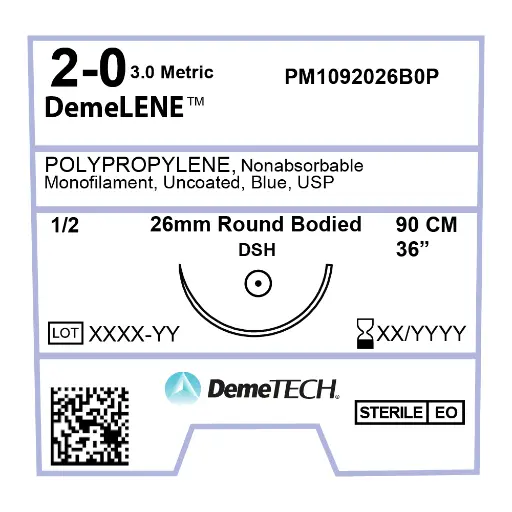 [060.842.0469 (1223292)] Sutura Sintética no absorbibles de monofilamento de
polipropileno 2-0 con aguja 1/2 círculo doble
armado ahusada. Caja con 12