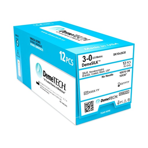 [060.841.0734 (1223680)] Sutura Seda 3-0 Sin aguja 10 hebras de 75 cm color Negro  10x75. Caja con 12 