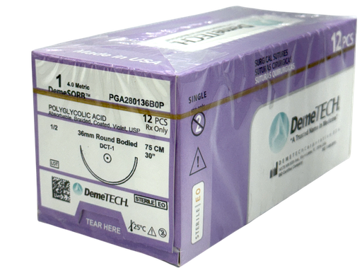 [060.841.0882 (1222642)] Sutura Sintética absorbible polímero de ácido glicólico trenzado 1 hebra 75 cm. Con aguja 1/2 círculo ahusada 36 mm. Caja con 12.