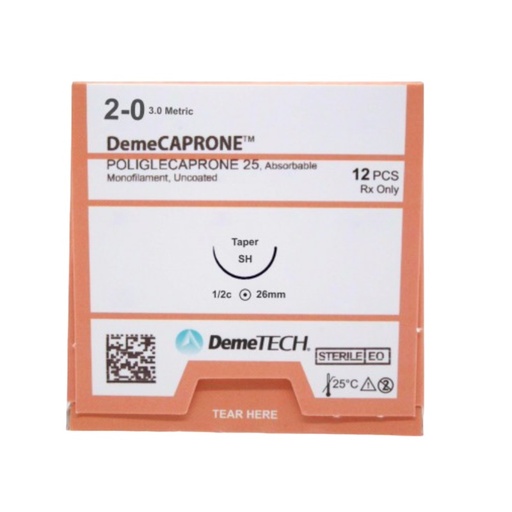 [060.842.0410 (1221750)] Sutura Poliglecaprone 25 2-0 aguja Ahusada 26 mm 1/2 circulo hebra de 75 cm color Violeta. Caja con 12