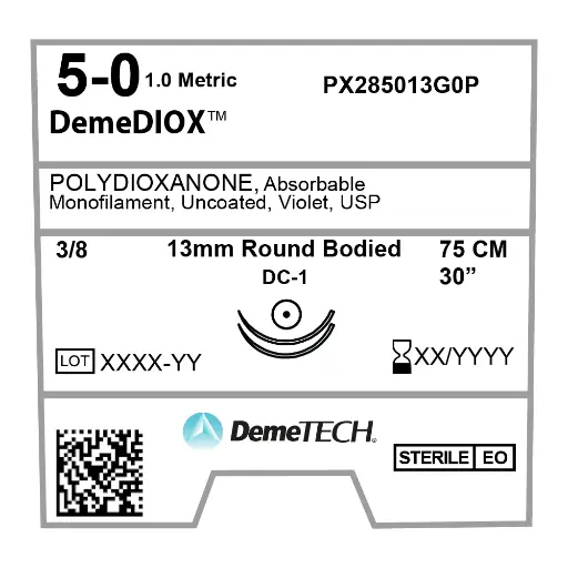 [060.842.0477 (1222142)] Sutura Polidioxanona 5-0 aguja Ahusada 13 mm 3/8 círculo doble armado hebra de 75 cm color Violeta. Caja con 12